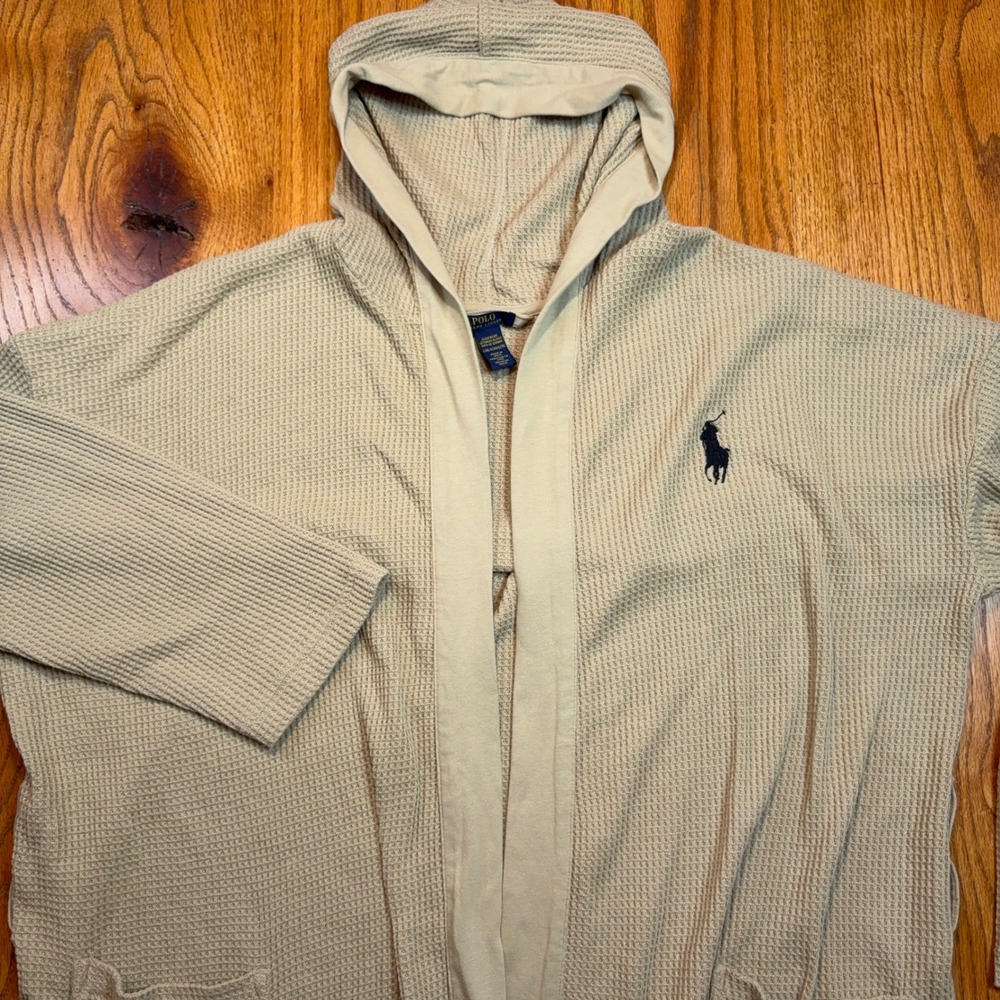 Polo Ralph Lauren Waffle Knit Robe Men L/XL Tan Hooded Thermal Sleepwear NO ROPE